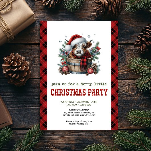 Highland cow pine branch Christmas party invite Kaart