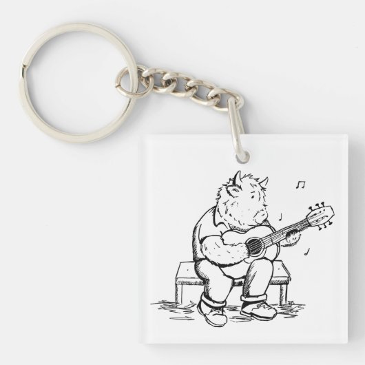 Highland Cow Plays Acoustic Guitar Sleutelhanger (voorkant)