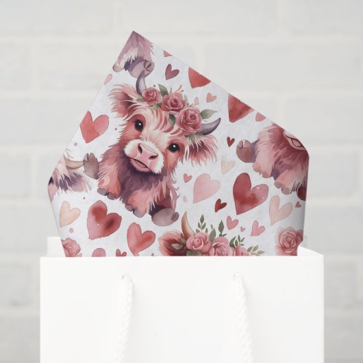 Highland Cow Red Pink Heart Flower Gift Tissuepapier (Cadeauzakje)
