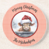 Highland Cow Red White Gingham Monogram Christmas Zandsteen Onderzetter (Voorkant)
