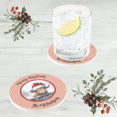 Highland Cow Red White Gingham Monogram Christmas Zandsteen Onderzetter