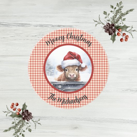 Highland Cow Red White Gingham Monogram Christmas Zandsteen Onderzetter