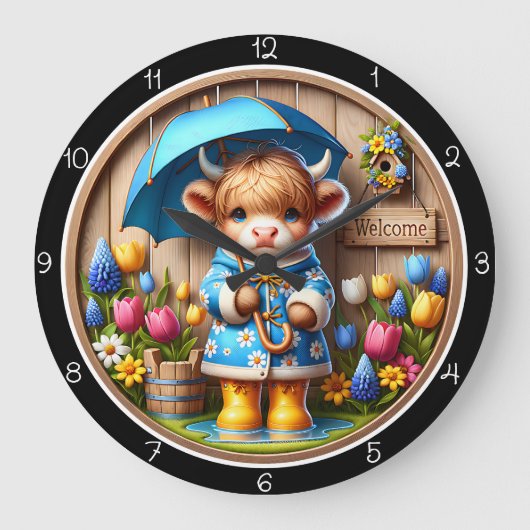 Highland Cow Regenachtige Dag Wandklok (Voorkant)