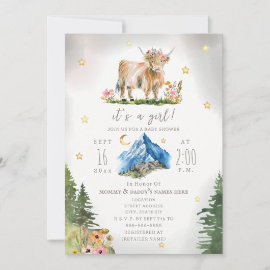 Highland Cow Stars Floral Mountain Baby Shower  Kaart (Voorkant)
