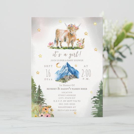 Highland Cow Stars Floral Mountain Baby Shower  Kaart (Staand voorkant)