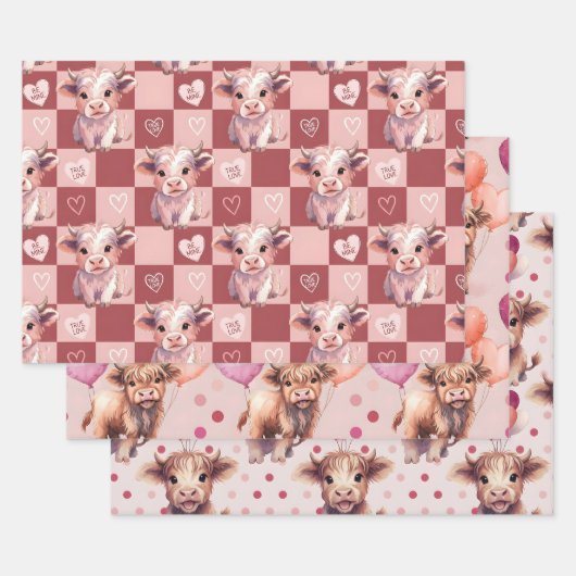 Highland Cow Valentine Pink Candy Hearts Gift Inpakpapier Vel (Set)