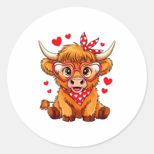 Highland Cow Valentines Day Funny Hearts Valentine Ronde Sticker (Voorkant)