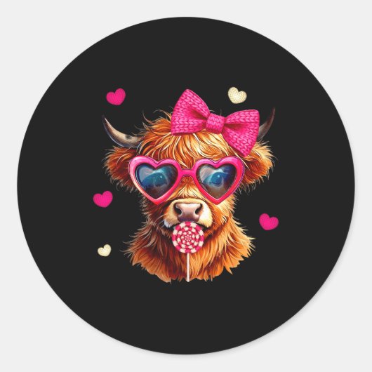 Highland Cow Valentines Day Funny Hearts Valentine Ronde Sticker (Voorkant)