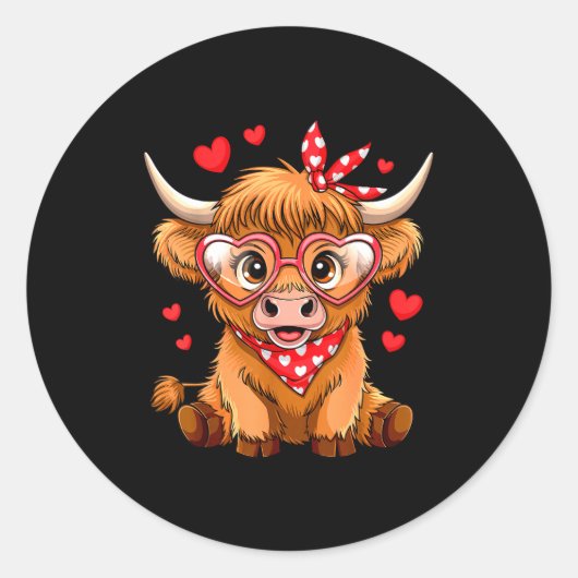 Highland Cow Valentines Day Funny Hearts Valentine Ronde Sticker (Voorkant)