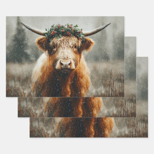 Highland Cow With Christmas Wreath Crown Inpakpapier Vel (Set)