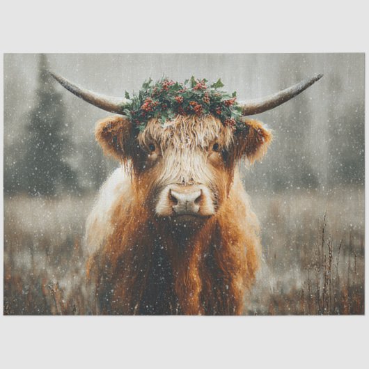 Highland Cow With Christmas Wreath Crown Tissuepapier (Voorkant)
