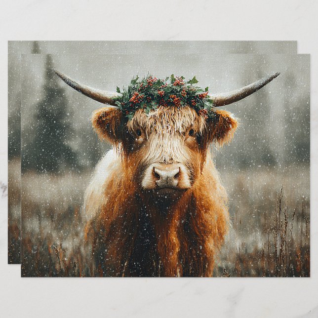 Highland Cow With Christmas Wreath Scrapbook Paper (Voorkant / Achterkant)