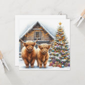 Highland cows, tree and a barn Christmas card Kaart (Voorkant / Achterkant in situ)