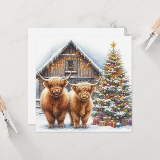 Highland cows, tree and a barn Christmas card Kaart (Voorkant / Achterkant in situ)