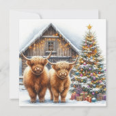 Highland cows, tree and a barn Christmas card Kaart (Voorkant)