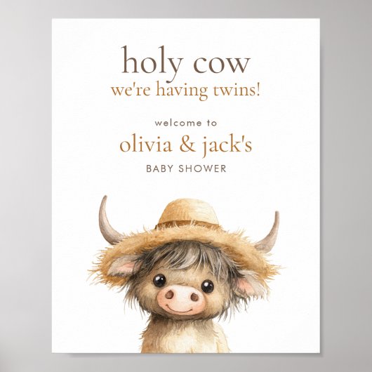 Highland Holy Koe Welkom bij Twins Baby shower Poster (Voorkant)