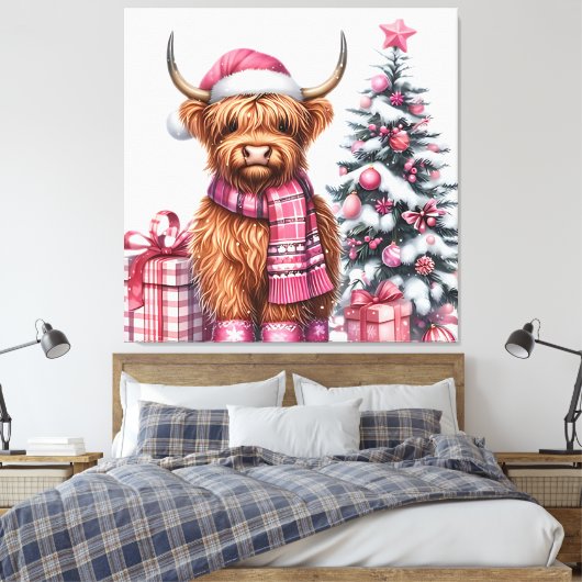 Highland in het roze canvas afdruk (Insitu (Slaapkamer))