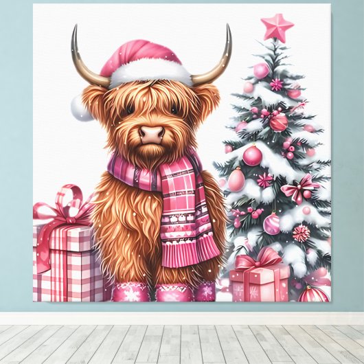 Highland in het roze canvas afdruk (Insitu (Houten vloer))