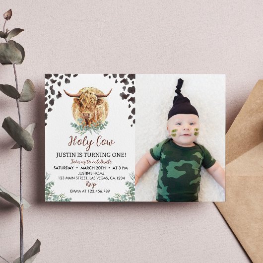 Highland Koe 1e verjaardagsuitnodiging Kaart