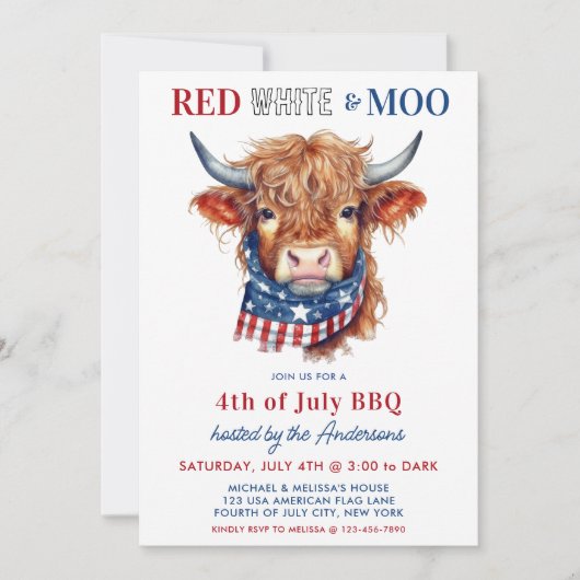 Highland Koe 4 juli Rood Wit Blauw Patriottisch Kaart (Voorkant)