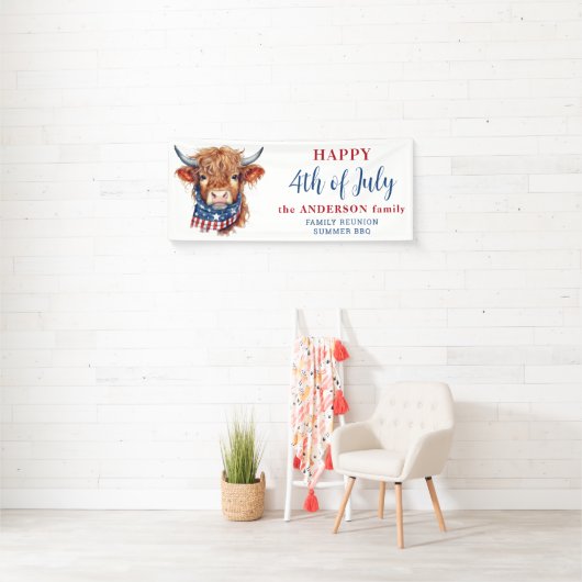 Highland Koe 4 juli Rood Wit Blauw Patriottisch Spandoek (Insitu)