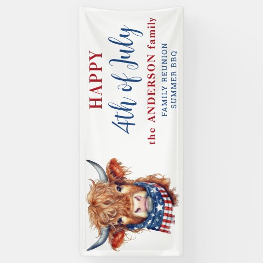 Highland Koe 4 juli Rood Wit Blauw Patriottisch Spandoek (Verticaal)