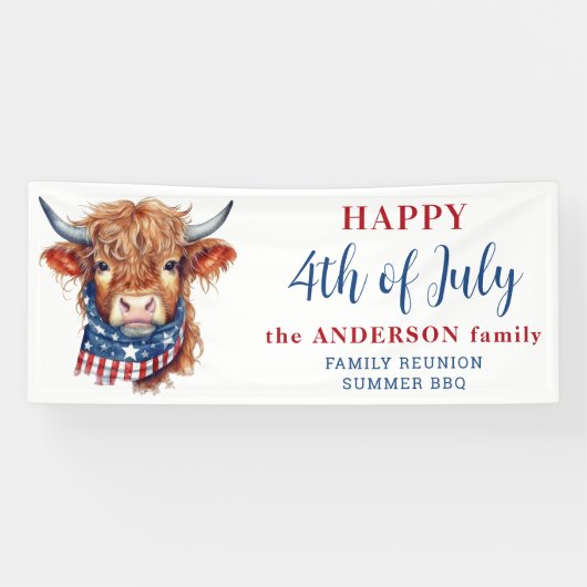 Highland Koe 4 juli Rood Wit Blauw Patriottisch Spandoek (Horizontaal)