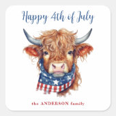 Highland Koe 4 juli Rood Wit Blauw Patriottisch Vierkante Sticker (Voorkant)