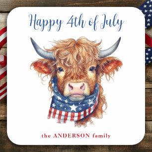 Highland Koe 4 juli Rood Wit Blauw Patriottisch Vierkante Sticker