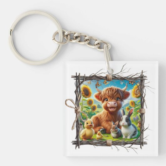 Highland Koe Acryl Sleutelhanger - Boerderij Charm (Voorkant)