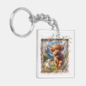 Highland Koe Acryl Sleutelhanger - Rustiek Boerder (Voorkant Links)