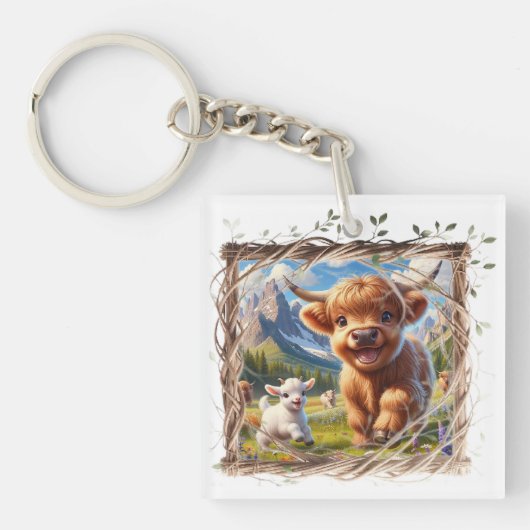 Highland Koe Acryl Sleutelhanger - Rustiek Boerder (Voorkant)