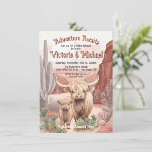 Highland Koe Baby en Mama Baby shower Desert Kaart (Staand voorkant)