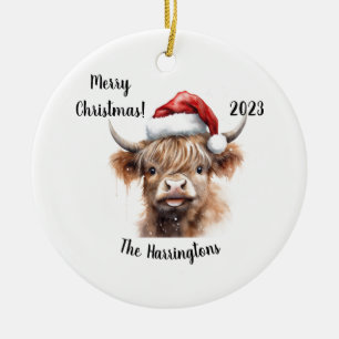 Highland Koe Baby met Santa Hat Christmas Keramisch Ornament