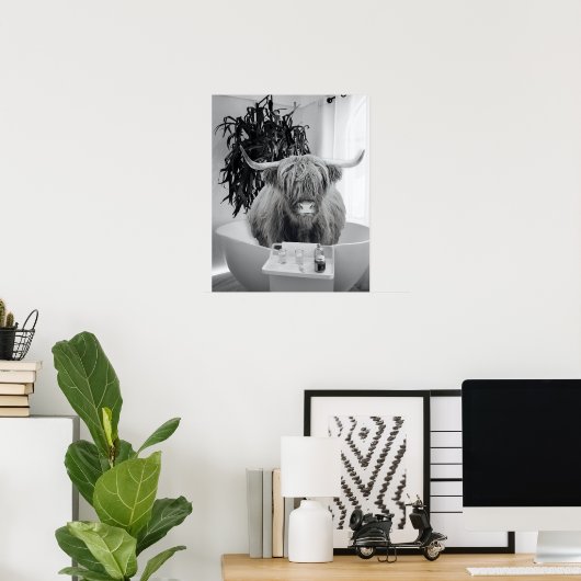 Highland koe Bathtub Black White Bathroom Poster (Thuiskantoor)