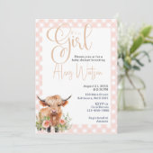 Highland koe Bloemen en Roze Gingham baby shower Kaart (Staand voorkant)