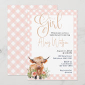 Highland koe Bloemen en Roze Gingham baby shower Kaart (Voorkant / Achterkant)