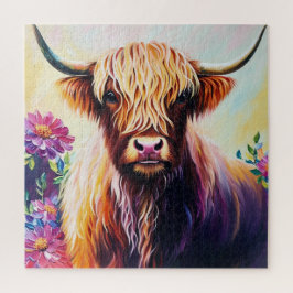 Highland Koe Bloemen Multicolor Art Legpuzzel