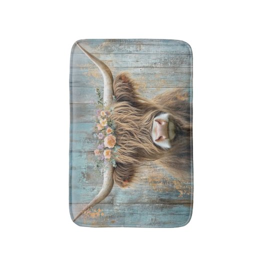 Highland Koe Bloemenkrans Blauwe Boerderij Scène Badmat (Voorkant Verticaal)