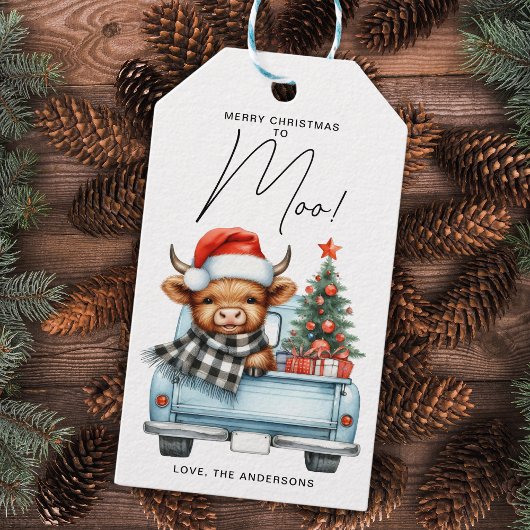 Highland Koe  Blue Truck Vrolijk Kerstfeest Cadeaulabel