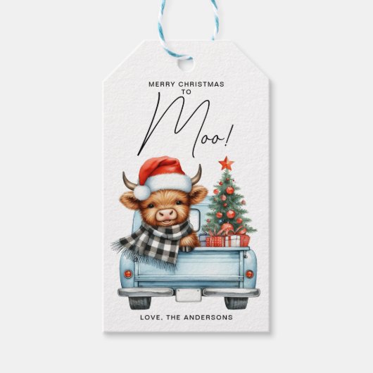 Highland Koe  Blue Truck Vrolijk Kerstfeest Cadeaulabel (Voorkant)