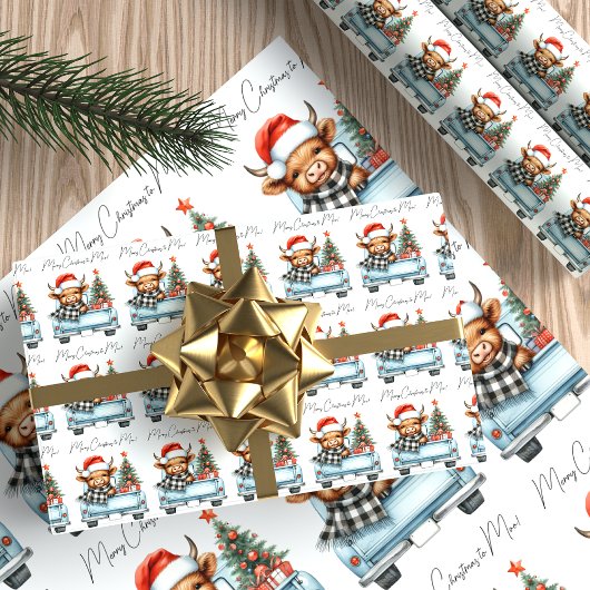 Highland Koe  Blue Truck Vrolijk Kerstfeest Cadeaupapier