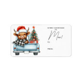 Highland Koe Blue Truck Vrolijk Kerstfeest Etiket (Voorkant)