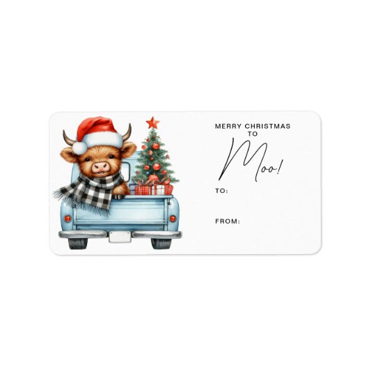 Highland Koe Blue Truck Vrolijk Kerstfeest Etiket (Voorkant)