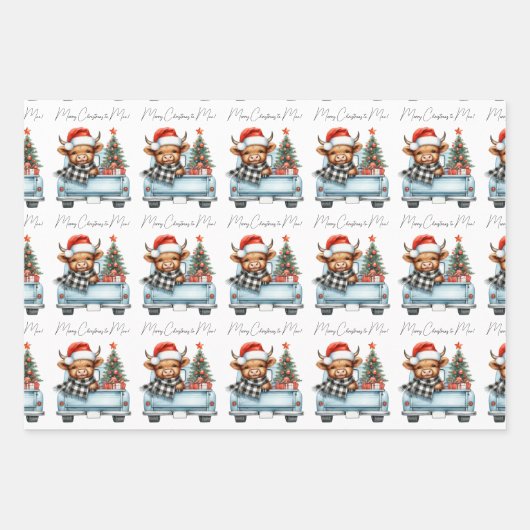 Highland Koe  Blue Truck Vrolijk Kerstfeest Inpakpapier Vel (Voorkant 2)