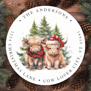 Highland Koe Boerderij Kerst Retouradres Ronde Sticker