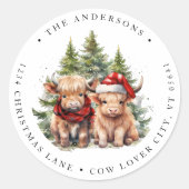 Highland Koe Boerderij Kerst Retouradres Ronde Sticker (Voorkant)