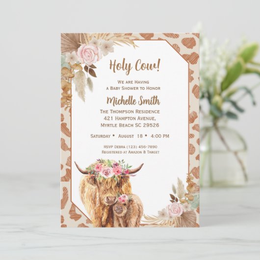 Highland Koe Boho Floral Brown Baby shower Kaart (Staand voorkant)