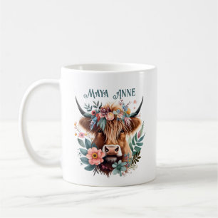 Highland Koe Boho Floral Waterverf Koffiemok