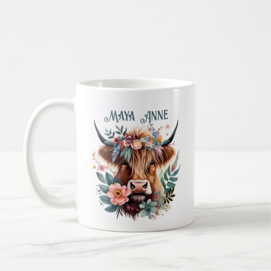 Highland Koe Boho Floral Waterverf Koffiemok (Links)